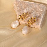 1 par de elegantes pendientes ovalados de circonita de cobre con incrustaciones de perlas de imitación y chapado en rosa