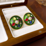 1 par de pendientes de circón con perlas de resina de cobre con incrustaciones de flores en forma de corazón ovaladas Retro Glam