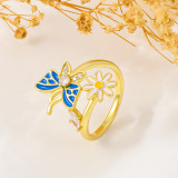 Anillo abierto con diamantes de imitación y incrustaciones de cobre, flor, mariposa, 1 pieza
