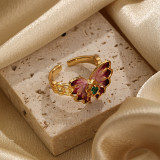 El chapado en cobre artístico de la mariposa del estilo simple ahueca hacia fuera los anillos abiertos plateados oro 18K del Zircon del embutido
