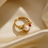 Anillos abiertos chapados en oro de 18K con perlas de agua dulce de cristal con incrustaciones de cobre redondas elegantes