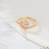 Anillo abierto de diamantes de imitación con incrustaciones de perlas de cobre y flor de moda 1 pieza