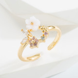 Anillo abierto de cobre con flor de moda, anillos de cobre con incrustaciones de circón, 1 pieza