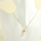 Collar con colgante de circonio chapado en oro de 18 quilates, perla de agua dulce, corona, estilo Simple elegante, a granel