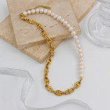 Collar de pulseras con cuentas de perlas de agua dulce de acero inoxidable con bloques de color de estilo simple