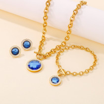 Conjunto de tres piezas de collar y pulsera de acero inoxidable con piedra de cristal y diamantes de imitación con incrustaciones de moda