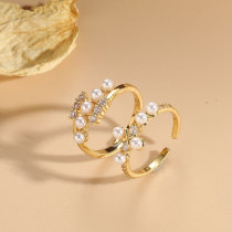 Anillo abierto chapado en oro de 14K con incrustaciones de perlas artificiales y circonita, bola elegante y lujosa de estilo clásico