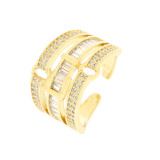 Lujoso anillo abierto chapado en oro con incrustaciones de cobre geométrico y circón