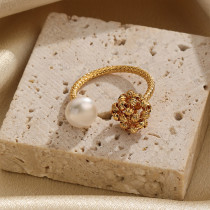 Anillos abiertos chapados en oro de 18K con perlas de agua dulce con incrustaciones de cobre y flor estilo IG