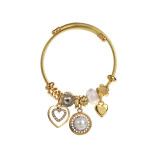 Brazalete elegante y lindo con forma de corazón de oso redondo, aleación de acero inoxidable con incrustaciones de perlas artificiales y diamantes de imitación