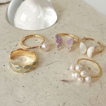 Anillos de circonio con incrustaciones de esmalte de cobre, mariposa, rombo, flor artística, concha de perlas artificiales