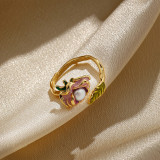 Anillos abiertos chapados en oro de 18 quilates con incrustaciones de esmalte de cobre y flores de hoja retro de estilo de hadas