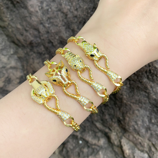 Pulseras chapadas en oro de 18 quilates con incrustaciones de cobre y serpiente animal estilo hip-hop de IG