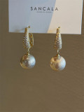 1 par de pendientes colgantes de circonita de cobre con incrustaciones geométricas básicas de perlas de imitación