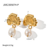 Collar de pendientes chapado en oro de 18 quilates con revestimiento de perlas de imitación de acero inoxidable con hoja de Ginkgo Retro elegante