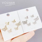 Pendientes de cobre con forma de mariposa dulce Pendientes de cobre con circonitas chapados en oro 3 pares