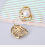 1 par de pendientes elegantes Retro geométricos con incrustaciones de perlas de cobre y circonita