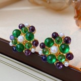 Pendientes colgantes con diamantes de imitación, perlas artificiales de cobre con incrustaciones de bloques de Color geométrico Retro, 1 par