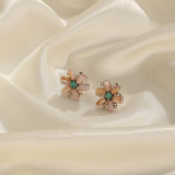 1 par de aretes chapados en oro de 18K de cobre y cristal Artificial con revestimiento de flores dulces románticos