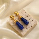 1 par de pendientes colgantes chapados en oro de 18K con gema de lapislázuli de cobre con incrustaciones de perlas ovaladas de estilo británico de estilo clásico