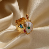 Anillos abiertos chapados en oro irregulares brillantes del Zircon 18K de la perla del embutido del cobreado