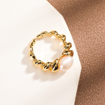 Anillos abiertos de cobre con perlas de agua dulce, rayas en espiral, estilo Simple y elegante