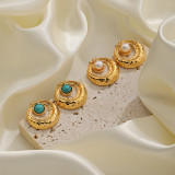 1 par de pendientes chapados en oro de 18 quilates con incrustaciones geométricas de cobre, turquesa, perlas de agua dulce, estilo Simple