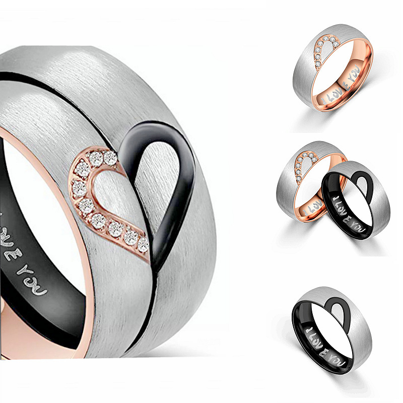 1 pieza de anillos de circonio tallado con incrustaciones de acero de titanio con forma de corazón y letras a la moda