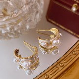 1 par de pendientes de perlas artificiales con incrustaciones de cobre chapado en forma de corazón circular Retro elegante