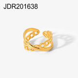 Anillo abierto cruzado con cadena geométrica de moda europea y americana, anillo de acero inoxidable chapado en oro de 18 quilates
