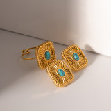 Pendientes de anillos chapados en oro de 18 quilates con incrustaciones de turquesa con revestimiento de acero inoxidable rectangular retro estilo IG