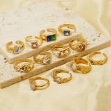 Anillo abierto chapado en oro de 18K con incrustaciones de piedras luminosas y circonita cuadrada redonda elegante Retro