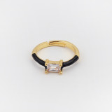 Anillo abierto de circonita con incrustaciones de esmalte de cobre rectangular para mujer