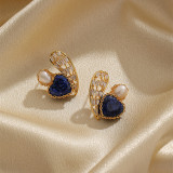 1 par de pendientes chapados en oro de 18K con forma de corazón brillante estilo IG con incrustaciones huecas de cobre perla de agua dulce circón lapislázuli