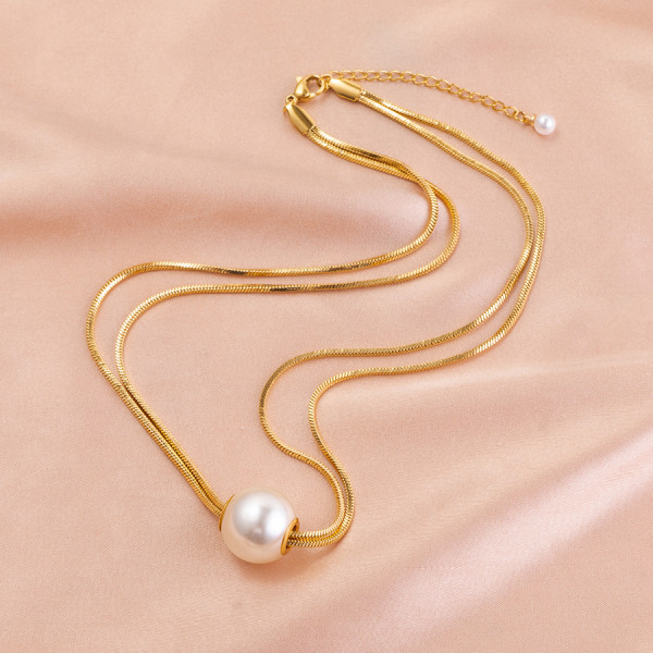 Collares en capas de perlas de acero titanio con perlas de imitación geométricas para mujer
