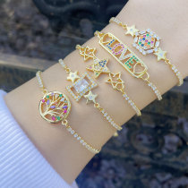 Pulsera De Cobre De Amor Con Letras De Árbol De La Vida Sonriente Y Estrella De Circón De Color A La Moda