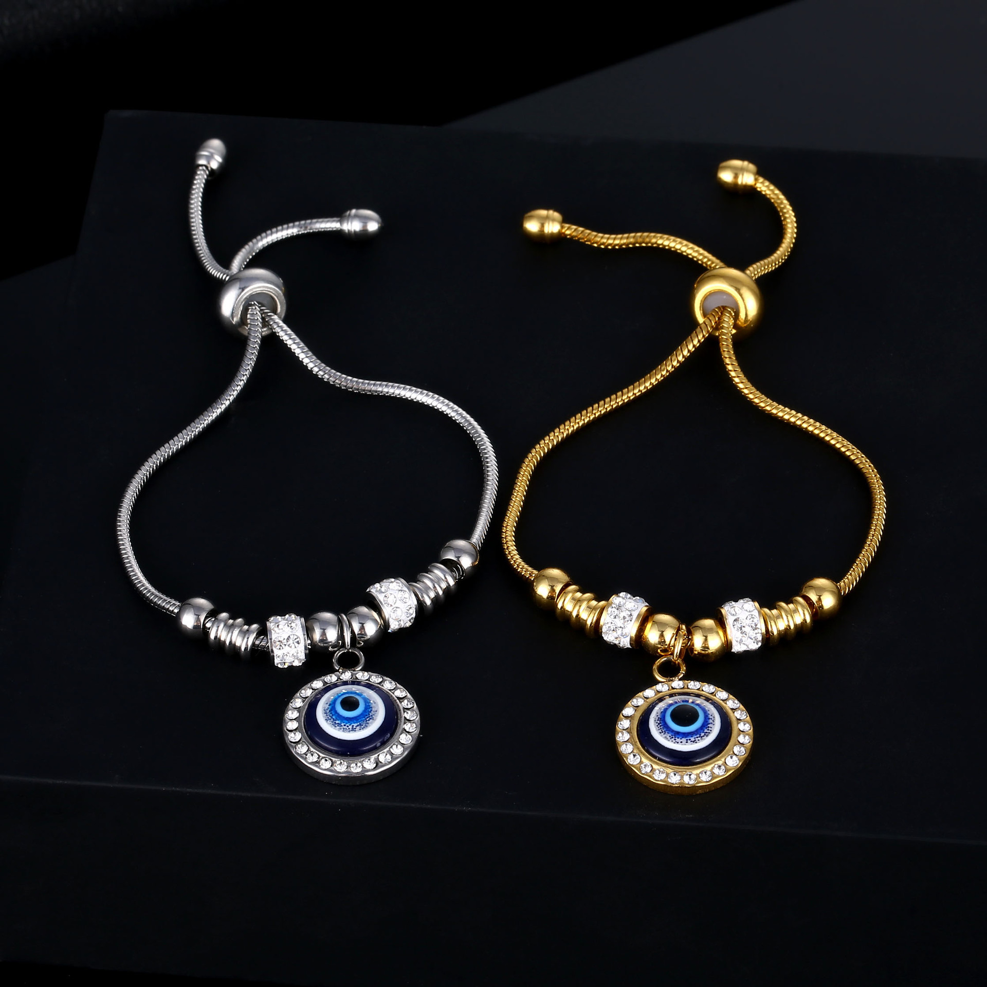 Pulseras de diamantes artificiales con incrustaciones de acero y titanio con ojo del diablo a la moda, 1 pieza