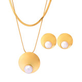 Collar de pendientes redondos de perlas de agua dulce con incrustaciones de acero de titanio para mujer