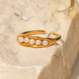 Anillo abierto geométrico de acero inoxidable con revestimiento de perlas de estilo moderno