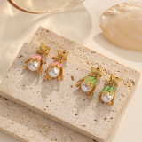 Pendientes colgantes chapados en oro de 18K con incrustaciones de cobre, perlas artificiales, chapado en oro de 18K, 1 par