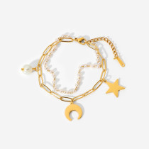 Pulsera de doble capa con colgante de perla, luna y estrella de acero inoxidable chapado en oro de 18 quilates