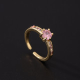 Anillo de circonio rosa de estilo romántico bonito, anillo ajustable abierto de moda de lujo asequible, diseño creativo Retro para mujer