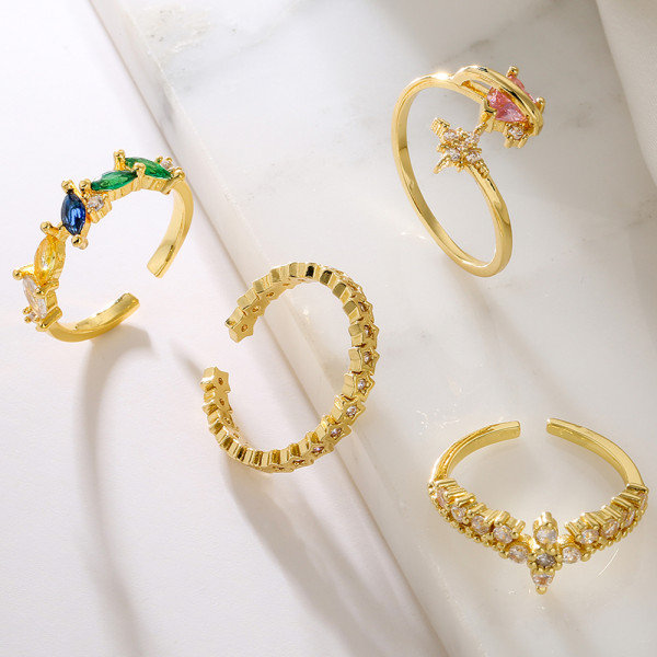 Anillo Abierto De Circón Con Incrustaciones De Cobre Redondo De Moda