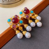 1 par de pendientes colgantes con diamantes de imitación y perlas artificiales de cobre con incrustaciones geométricas