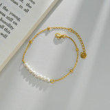 Elegantes pulseras geométricas de cuentas de perlas artificiales con incrustaciones de acero inoxidable