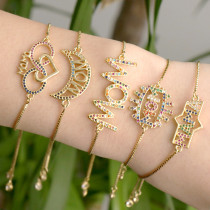 Pulseras de circón chapadas en oro y cobre, estilo Simple, letra brillante, ojo del diablo, mano de Fátima, a granel