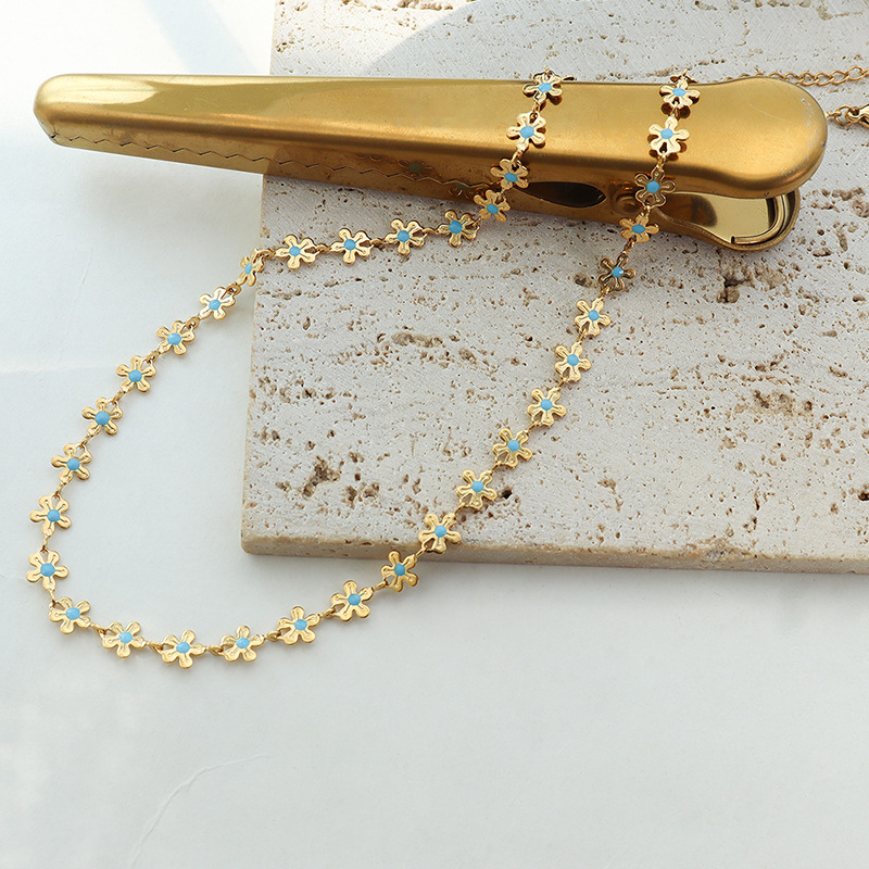 INS europeo y americano personalizado oro azul con flores collar de gota de aceite chapado en acero titanio pulsera de oro real de 18 quilates conjunto P075-E012