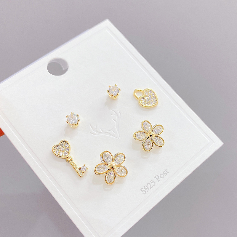 Pendientes de cobre con forma de corazón dulce, pendientes de cobre con incrustaciones asimétricas de circonio, 3 pares