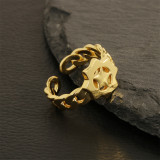 Cadenas de color sólido de pentagrama de estilo simple retro con estampado de anillos abiertos chapados en oro de 18 quilates con revestimiento de cobre