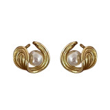 1 par de pendientes de perlas de cobre con incrustaciones redondas retro informales